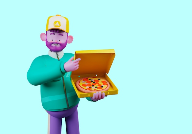 3d illustration of delivery man character holding pizza